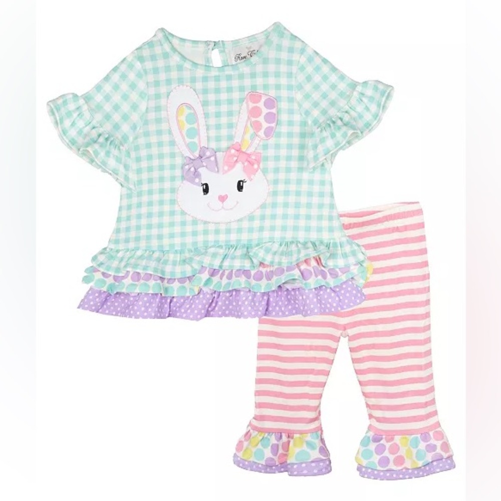NWT Rare Editions Baby Girl Seersucker Bunny Outfit Set Top and Pants Easter 4T